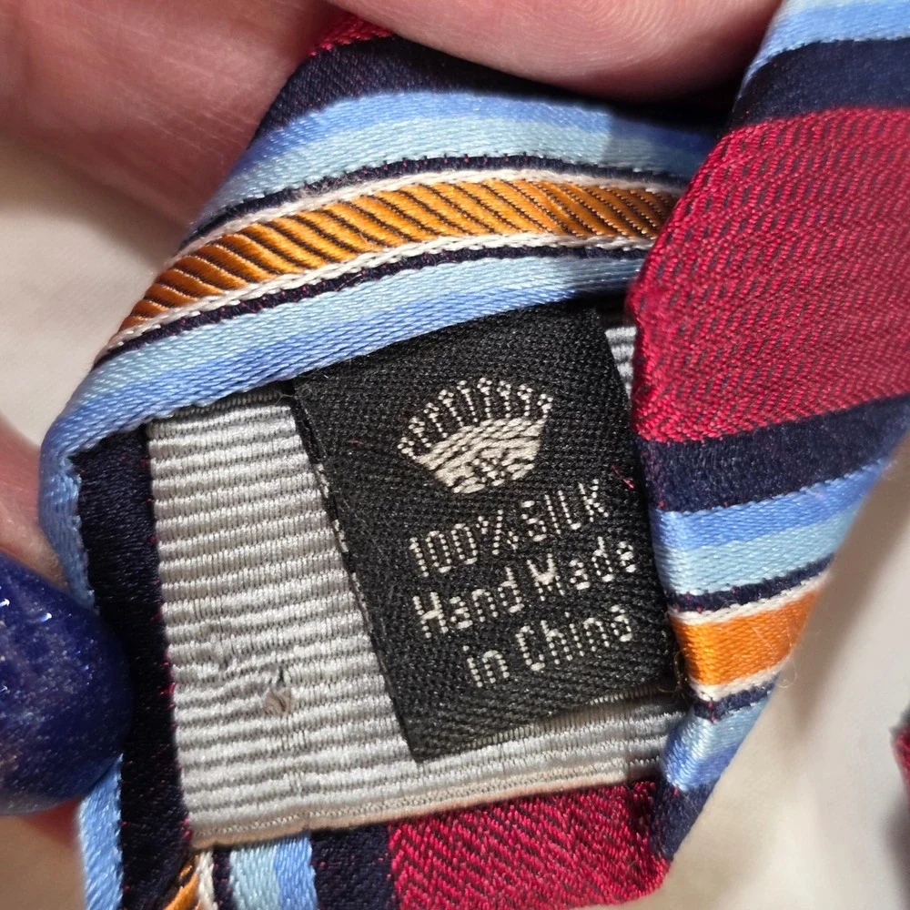 Countess Mara Mens Silk Necktie Burgundy Blue Orange Striped Handmade Crown Logo